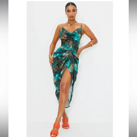 PrettyLittleThing Dresses Green Print Satin Strappy Cowl Neck